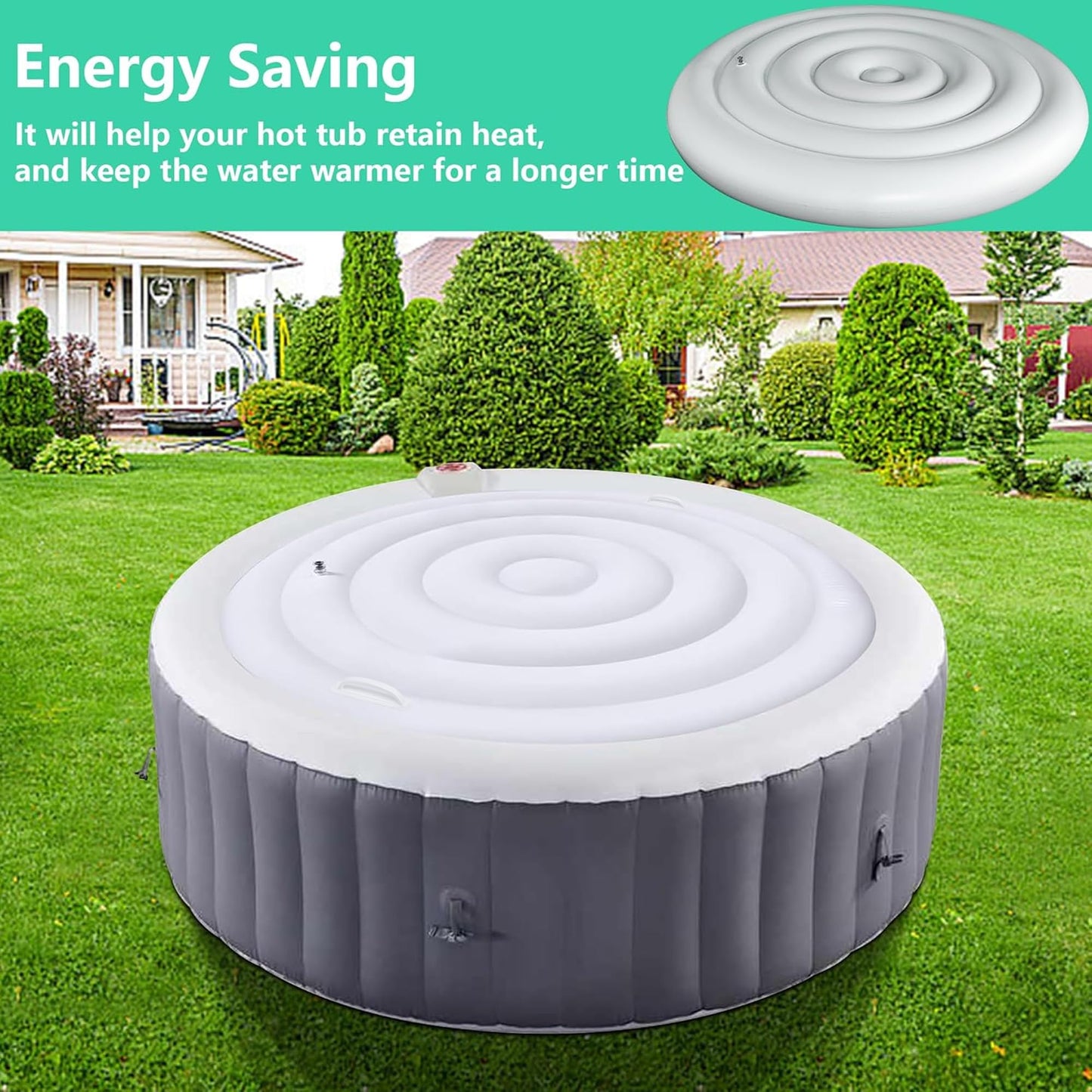 LFUTARI 4.5 Ft Inflatable Hot Tub Cover - Energy Saving Lid for Round Hot Tub - Foldable Protective Rain Overflow Cover for Outdoor Inflatable Hot Tubs
