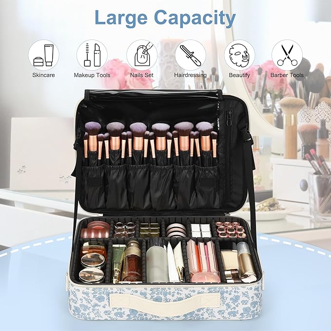 Relavel Makeup Case Large Makeup Bag Professional Train Case Travel Cosmetic Organizer Brush Holder Waterproof Makeup Artist Storage Box, 3 Layer Large Capacity, with Adjustable Strap, Floral Print