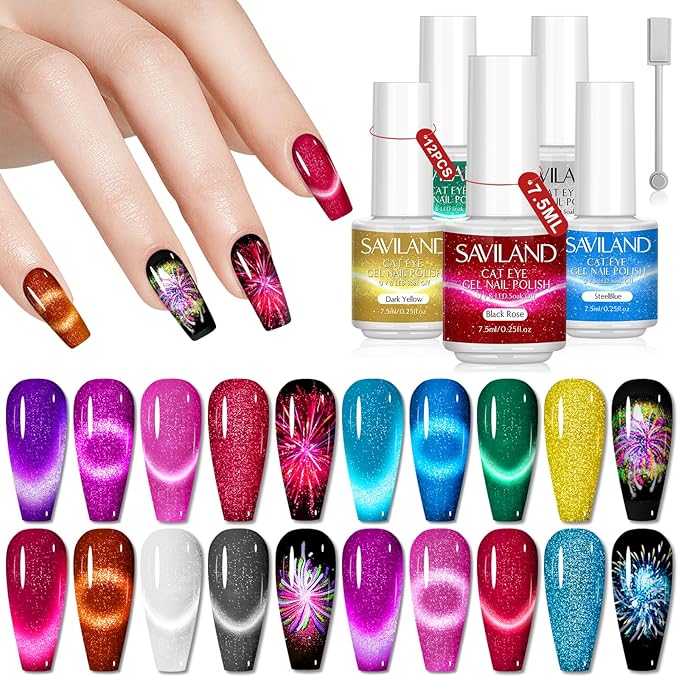 SAVILAND 12 Colors Crystal Cat Eye Gel Nail Polish Set: Glitter Shiny Dreamy Series with Double-head Magnetic Stick Reflective Disco 2025 Fall Gel Nail Polish Manicure DIY Nail Art Salon Home Gifts