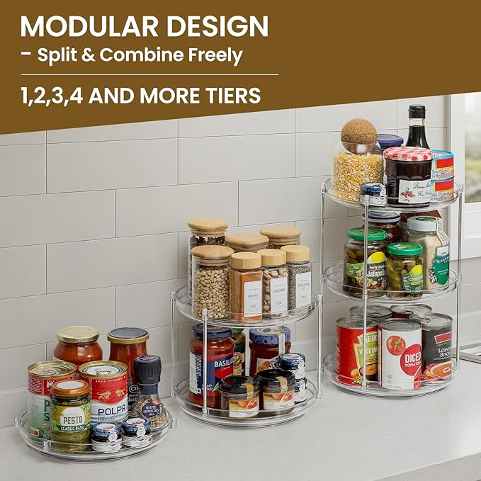 2 Tier Non-Skid Acrylic Lazy Susan Turntable Organizer - Rotating Spice Rack - Spinning Organization Tray for Kitchen, Pantry, Countertop, Closet, Bathroom, Vanity, Medicine Cabinet Organizing, 9.25''