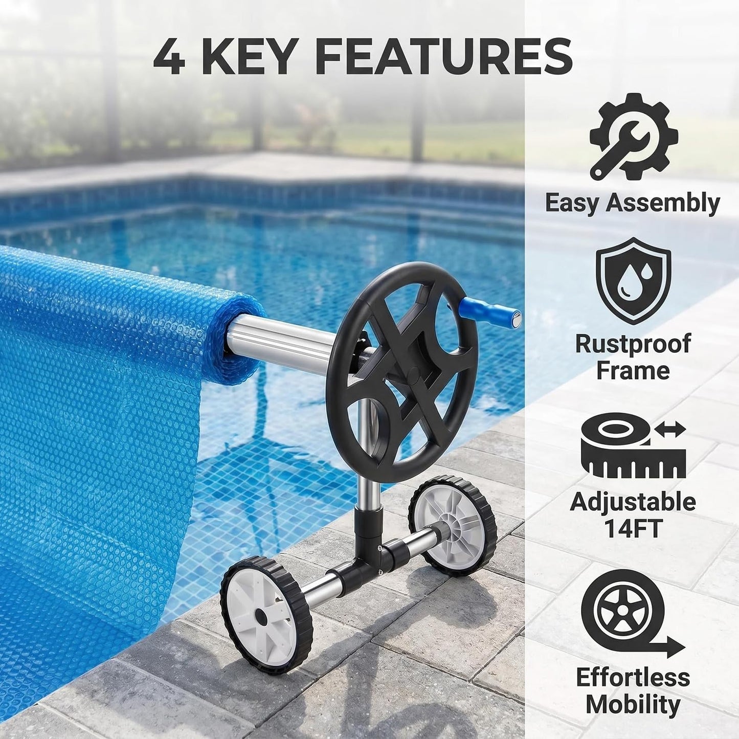 Nollapo Aluminum Solar Swimming Inground Pool Cover Reel Set (14FT, Blue)