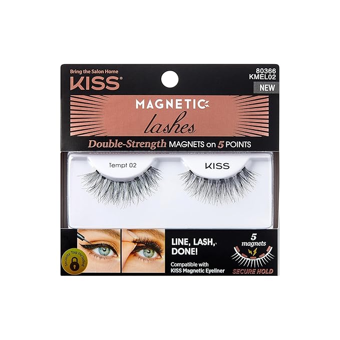KISS Magnetic Lashes, Tempt, 1 Pair Synthetic False Eyelashes With 5 Double Strength Magnets, Wind Resistant, Dermatologist Tested Fake Lashes Last Up To 16 Hours, Reusable Up To 15 Times Black