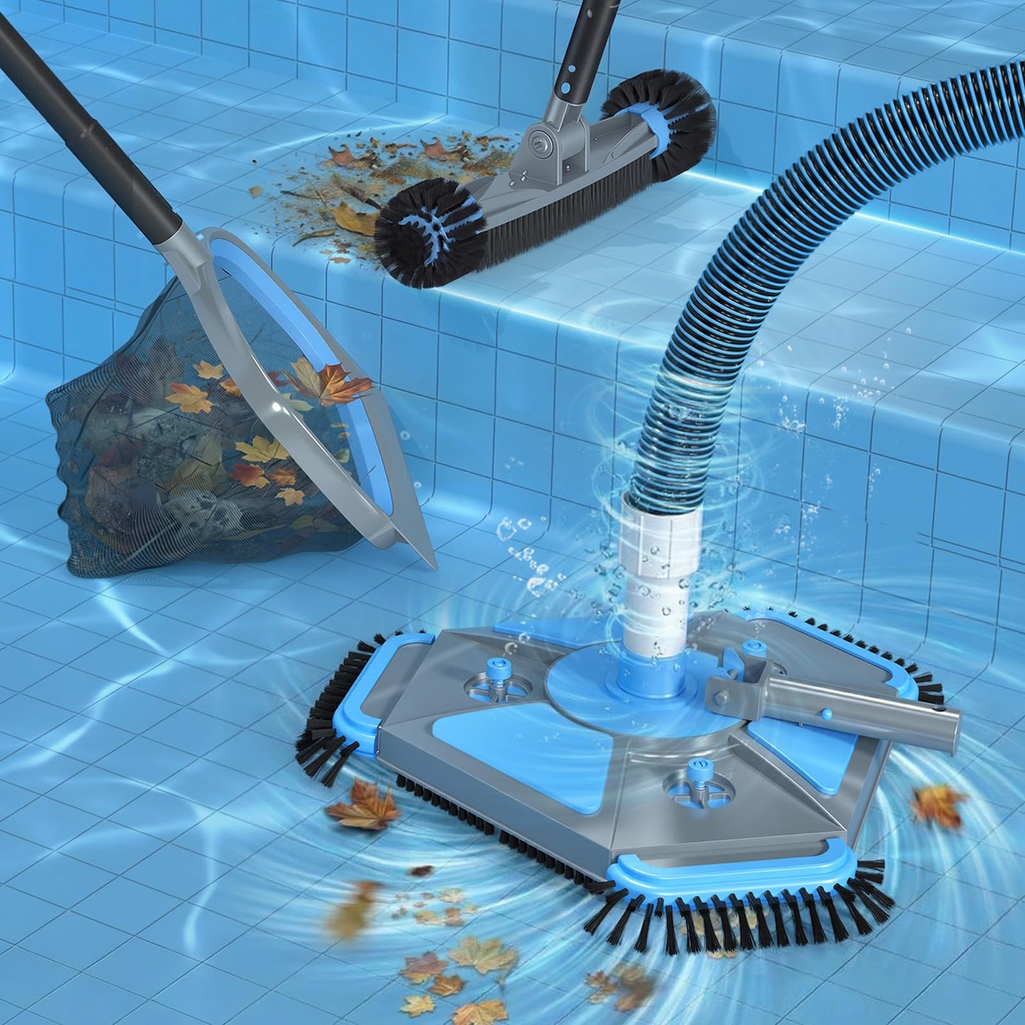 UIRWAY 4-in-1 Deluxe Swimming Pool Cleaning Kit - Includes Upgrade Triangular Pool Vacuum Head, Detachable Brush, Deep Leaf Skimmer Net, Adjustable Aluminum Pole Inground & Above Ground Pools