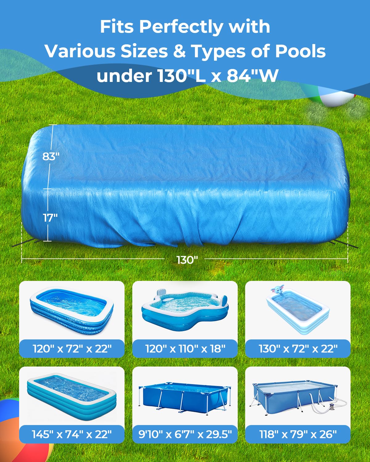 Inflatable Pool Cover Rectangle for 120” x 72”, 130” x 72”, 145" x 74" Pool, Secure Elastic Edge & Drawstrings 10' x 7' Rectangular Pool Covers for Above Ground Pools