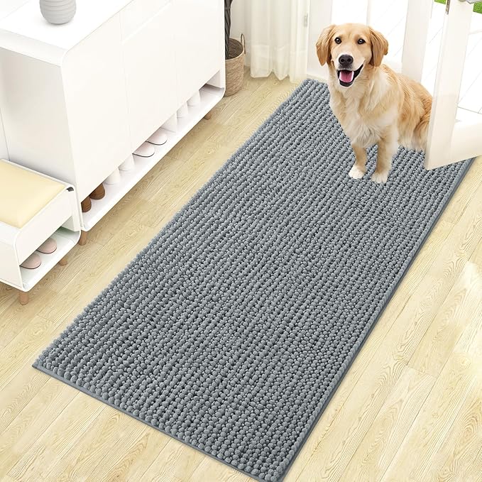 OLANLY Dog Door Mat for Muddy Paws 47x24, Ultra Absorbent Chenille Mud Doormat, Non-Slip Washable and Dirt Trapping Doormat for Indoor Entryway, Quick-Dry Indoor Pet Bed Mats for Dogs, Grey