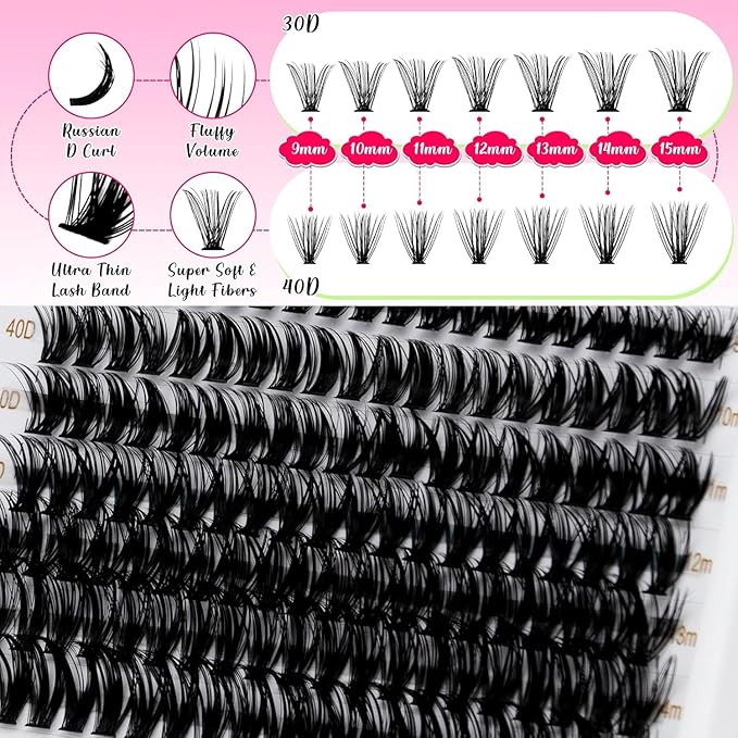 RITALASH Lash Extension Kit 30D+40D DIY Lash Clusters 280pcs Cluster Lashes Individual Lashes Eyelash Extension Kit with Lash Bond and Seal,Lash Tweezers(30D+40D Kit,9-15mm Mixed)