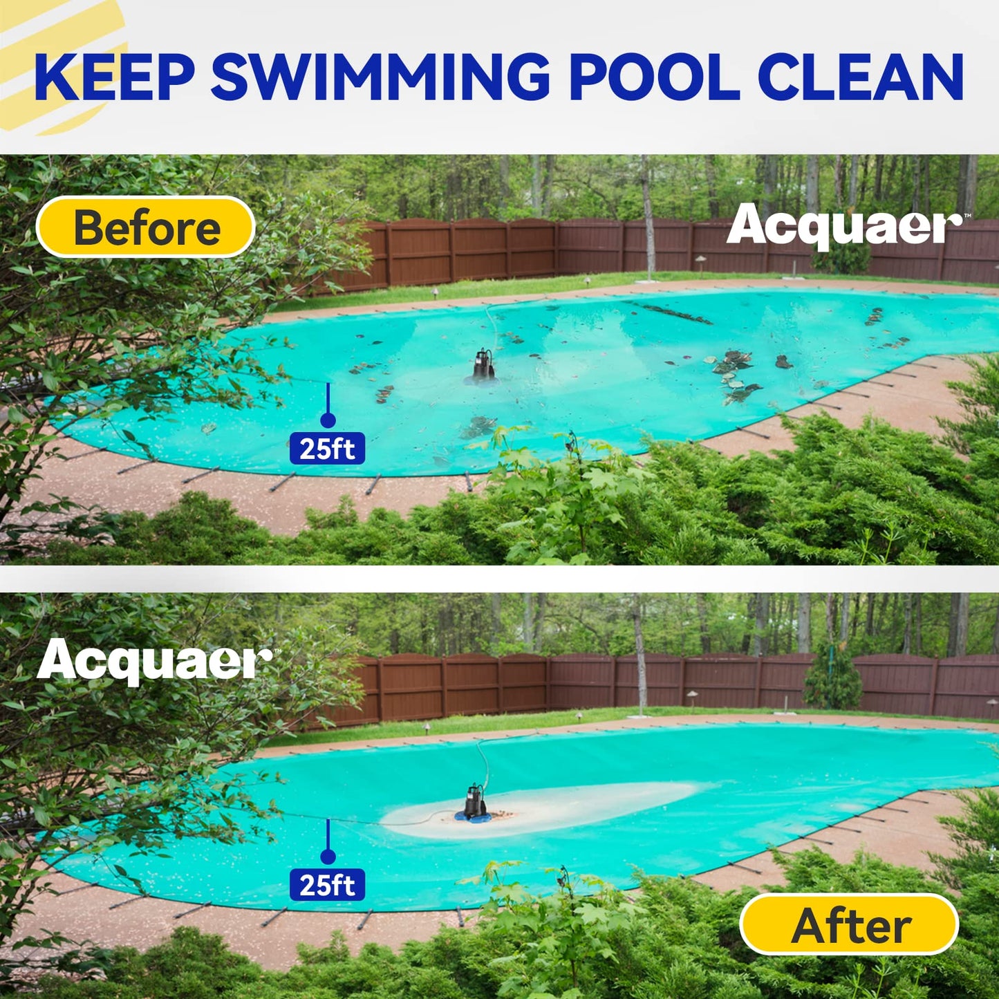 Acquaer Automatic Swimming Pool Cover Pump, Submersible Sump Pump with 3/4” Check Valve Adapter & 25ft Power Cord, Water Removal for Pool, Hot Tubs, Rooftops, Water Beds and More, 1/3 HP 2950 GPH