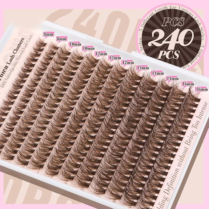 Yawamica Brown Lash Clusters Kit Fluffy Lash Extension Kit 10-16mm Wispy Eyelash Clusters D Curly Cluster Eyelash Extensions 50D Individual DIY Lashes Kit with Waterproof Bond and Seal Lash Tweezers