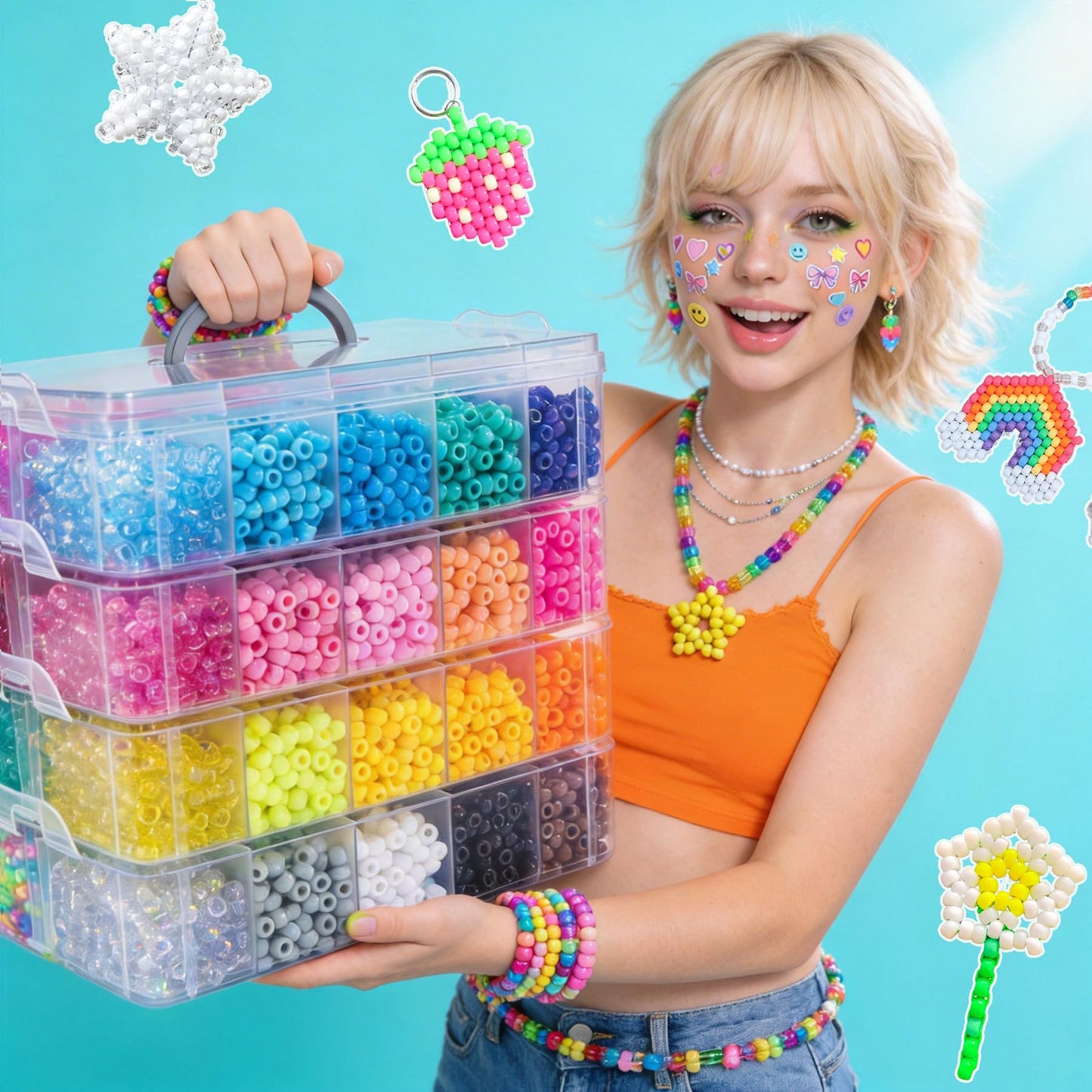 12000Pcs Pony Beads Kit, 40 Colors Rainbow Rave Kandi Beads for Bracelets Friendship with Neon Glow Beads Bulk for Hair Braiding DIY Jewelry Making Craft Kits (Shock Resistant Stackable Box, 9.2lb)