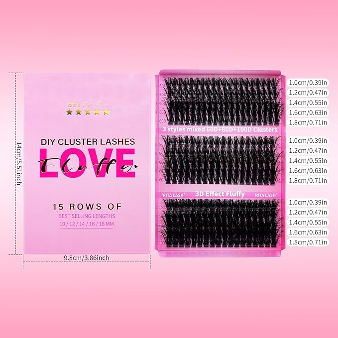 RITALASH Lash Clusters 3 Style Cluster Lashes Book Individual Lashes Clusters Eyelash Extensions False Eyelashes DIY Wispy 3D Effect Lash Extension Natural(60D+80D+100D Cluster Lashes)