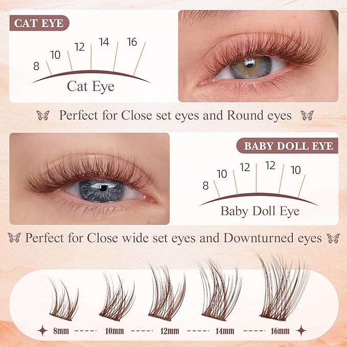 Wispy Lash Clusters Brown Eyelash Clusters Natural 8-16mm Lashes Cluster Eyelash Extensions C-Curly Thin Band Individual Lashes Natural Look DIY Lash Extension at Home by Wtvane