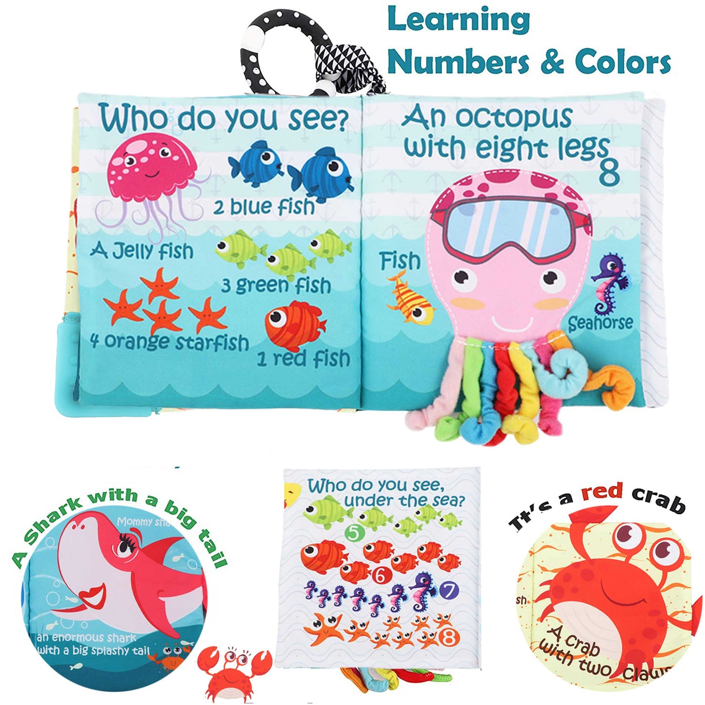 Fish Baby Books Toys, Touch Feel Cloth Crinkle Books for Babies,Baby Infant Toys 0-6, 6-12,12-18 Months,Newborn,Early Learning Education, Baby Gifts Shower for Boys Girls,Teething, Mirror,Shark Ocean