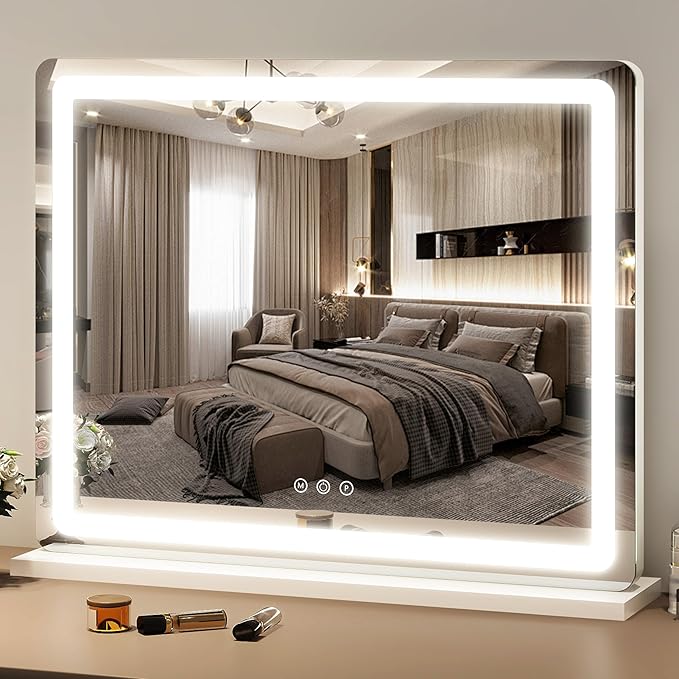 FENNIO 23" x 18" Vanity Mirror with Lights，LED Makeup Mirror，Hollywood Mirror with 3 Color Modes & Adjustable Brightness，Vanity Mirror White