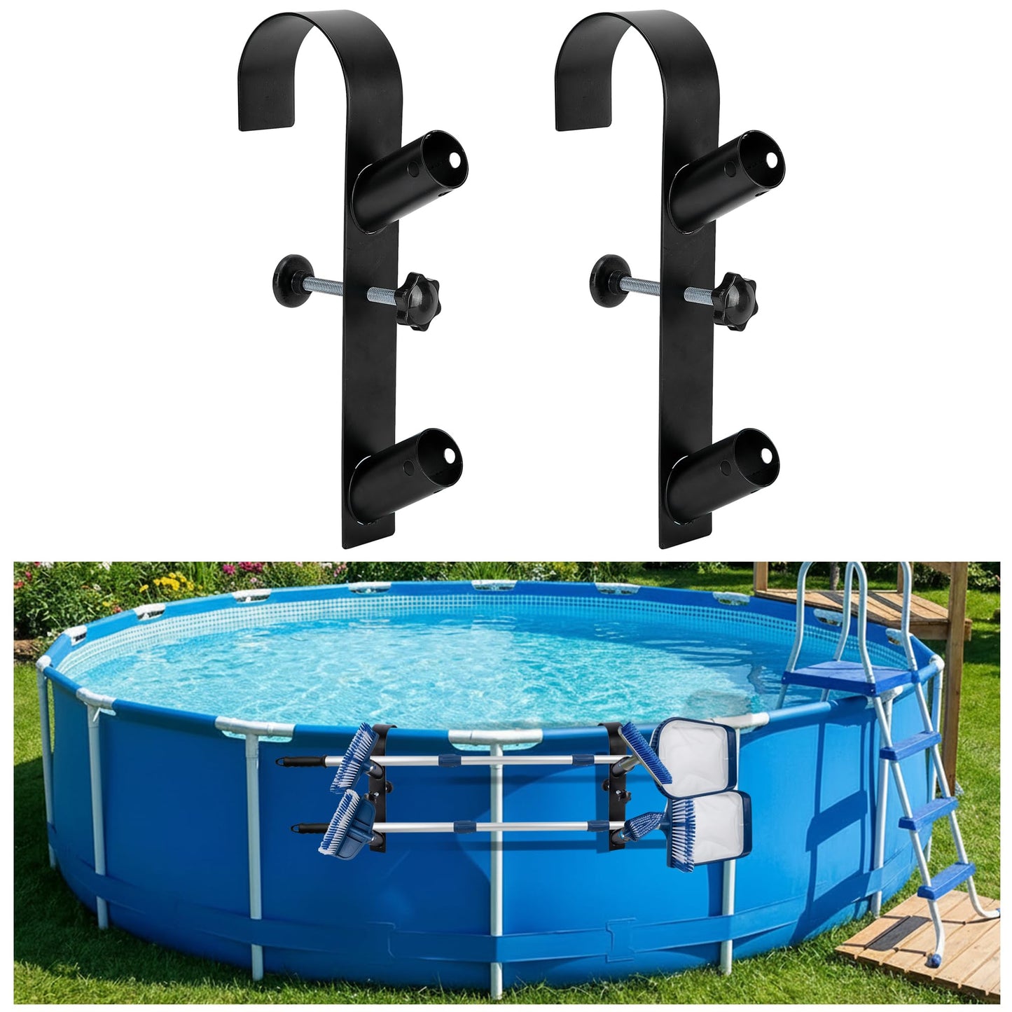 codree 2 Pcs Pool Leaf Skimmer Net Holder, Adjustable Above Ground Pools Hooks, Swimming Pool Pole Hangers for Hanging Tool, Hose, Leaf Rakes, Nets Pool-Accessories