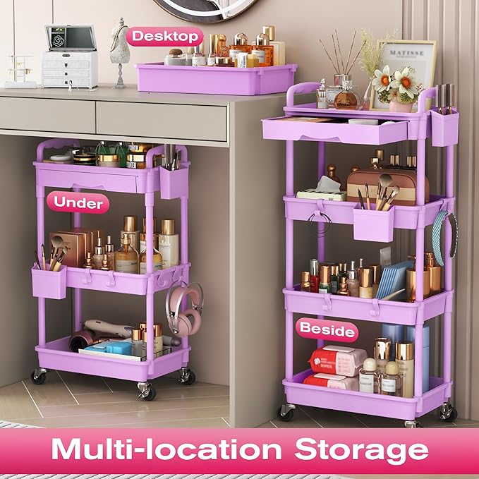 Goovilla Rolling Makeup Organizer Cart with Removable Drawer, 3 Tier Stable Purple Floor Skincare Storage Cart for Vanity, Cosmetic Display, Nail Polish, Perfume, Hair Stuff, Beauty, Bathroom(Plastic)