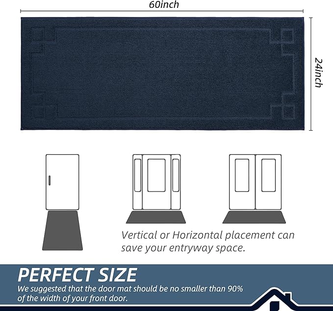BEQHAUSE Door Mat 24" x 60", Non-Slip Door Mats Indoor Entryway Rugs Washable Low-Profile Absorbent and Stain Resist Floor Mats, Dog Door Mat for Front Back Door, Mud Wet Shoes & Paws, Navy Blue