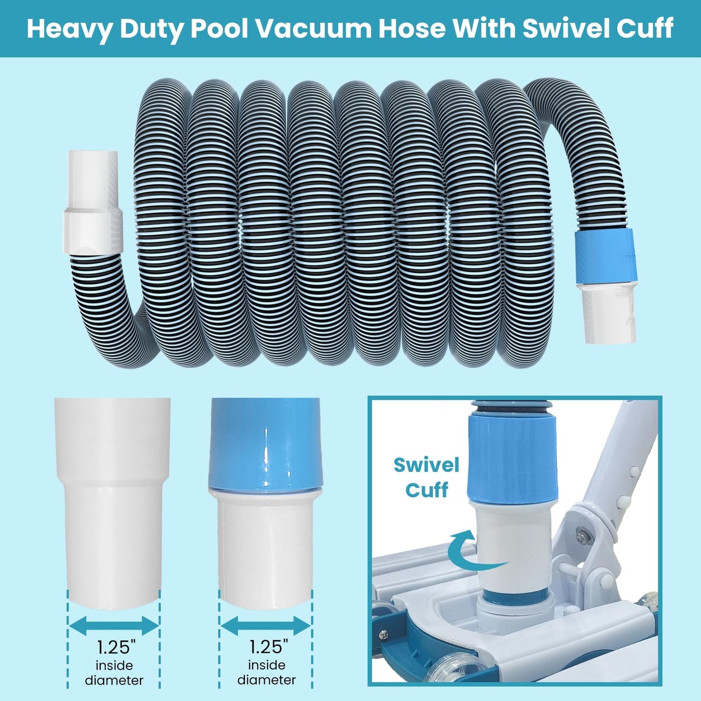 POOLWHALE Professional 1-1/2-Inch x 36-Feet Swimming Pool Vacuum Hoses and Weighted Rotatable Handle Vacuum Head with Wheels, Perfect for Above Ground and Inground Pools