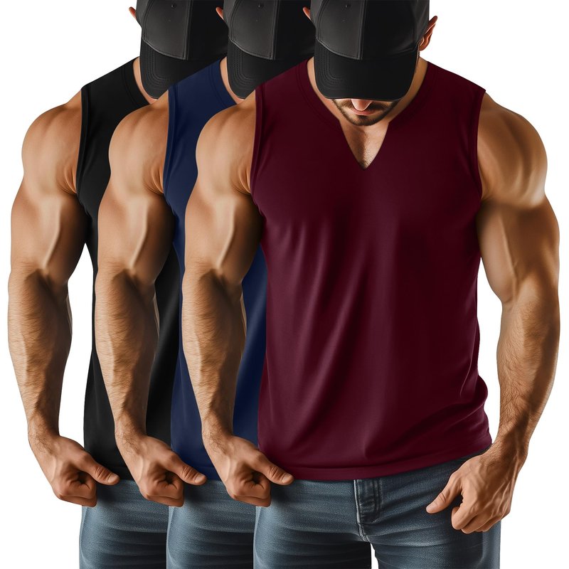 Riyiper 3 Pack Men's Sleeveless Tank Tops, V Neck Longline Henley T Shirts Casual Basic Muscle Shirts Stretch Athletic Tee(Black, Navy Blue, Wine Red,Large)