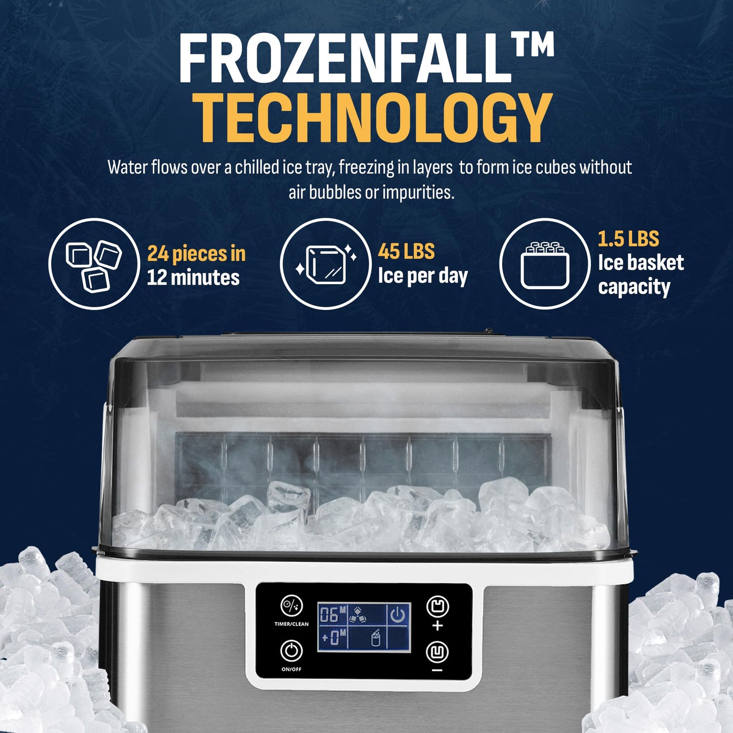 Newair Countertop Clear Ice Maker, 45lbs/Day Ice Cube Machine, Self-Cleaning Function and Custom Ice Thickness, Portable Ice Maker, 24H Timer, Ideal for Home Office and Outdoor Bar, Stainless Steel