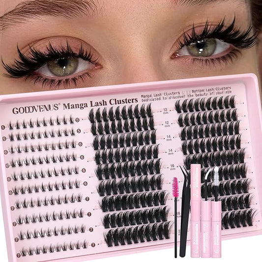 Goddvenus Manga Lash Clusters Kit Natural 280Pcs Cluster Eyelash Extensions Kit Wispy Anime Eyelash Clusters Fairy Fluffy DIY Individual Lash Extensions Kit C Curl 12-20mm