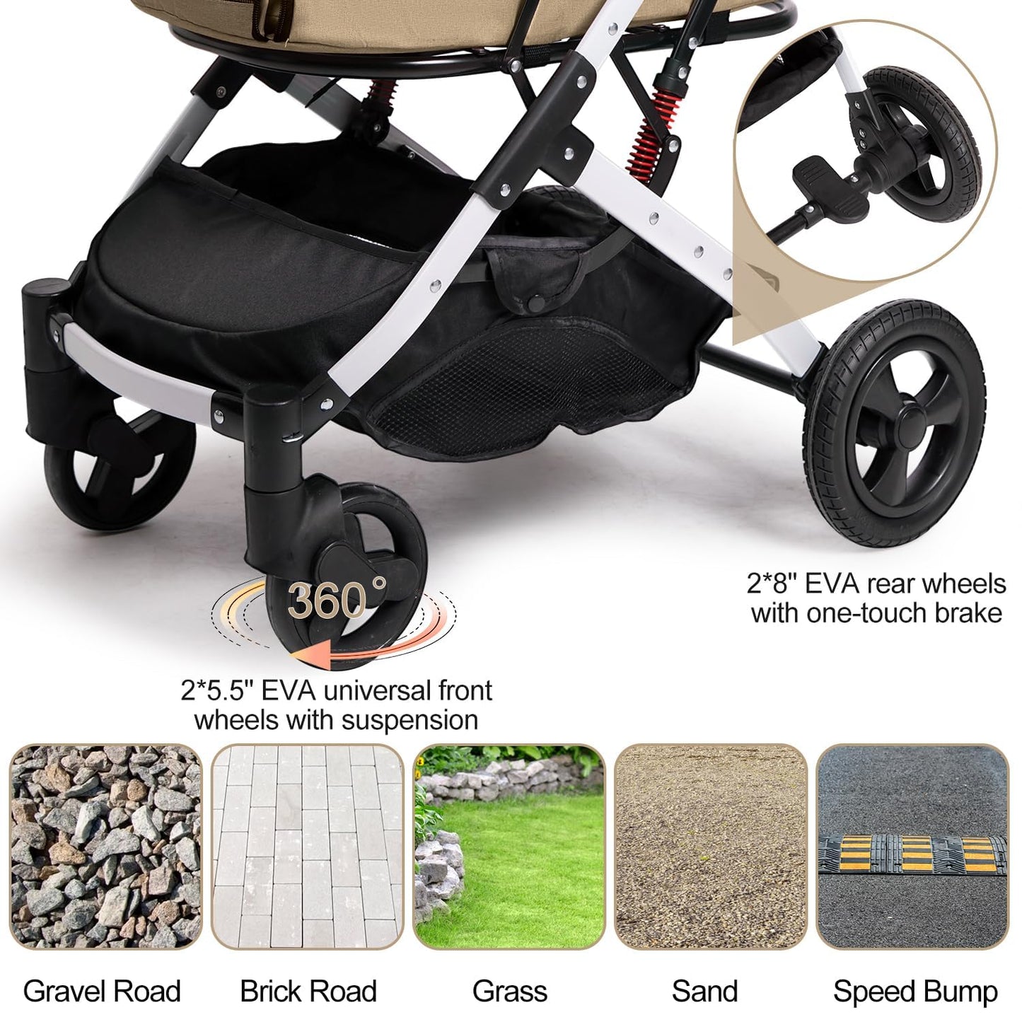 BETSOCCI Pet Stroller for Medium Small Dog & Cat, Foldable Lightweight Dog Stroller with Storage Basket Pet Travel Carriage with Safety Leashes, 4 Wheel, Khaki