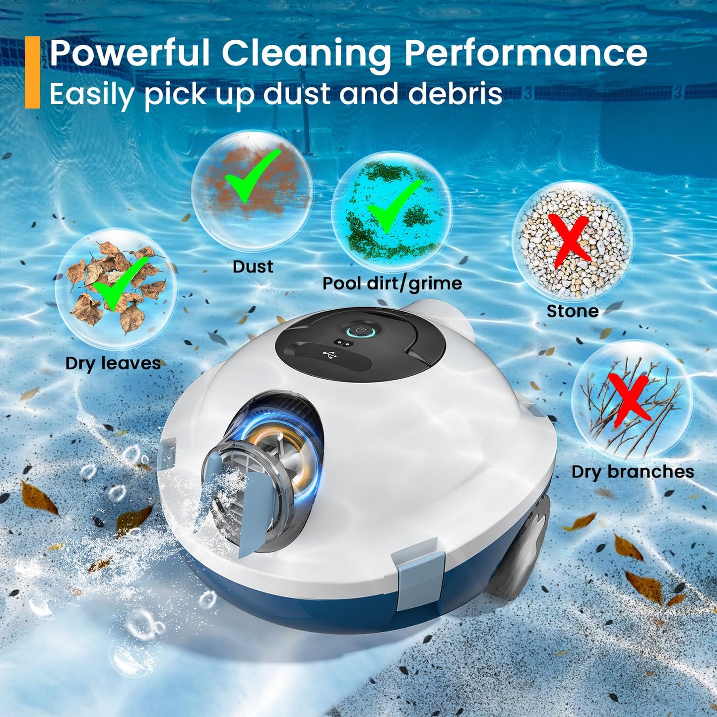 Y10 Cordless Robotic Pool Cleaner, Automatic Pool Vacuum - 90 Mins Runtime, Powerful Suction, Self-Parking, Lightweight for Above/Inground Pools Up to 65ft/1100 Sq.Ft (White)