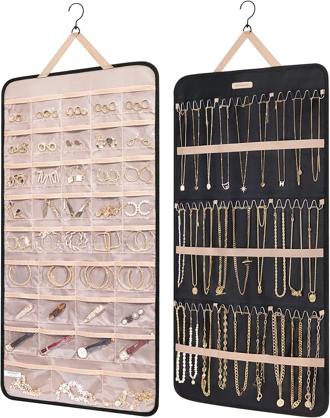 BAGSMART Hanging Jewelry Organizer Storage Roll with Hanger Metal Hooks Double-Sided Jewelry Holder for Earrings, Necklaces, Rings on Closet, Wall, Door, 1 piece, Extra Large, Black