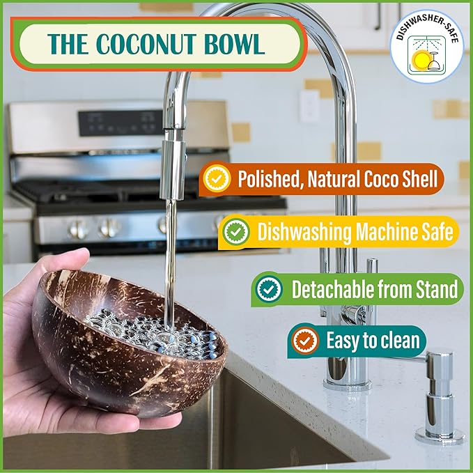 Dog Bowl for Cats and Small Dogs - All-Natural, Polished Coconut Shell Bowl with Wood Stand - Elevated/Raised 5-inch Total Height - Food-Contact Suitable