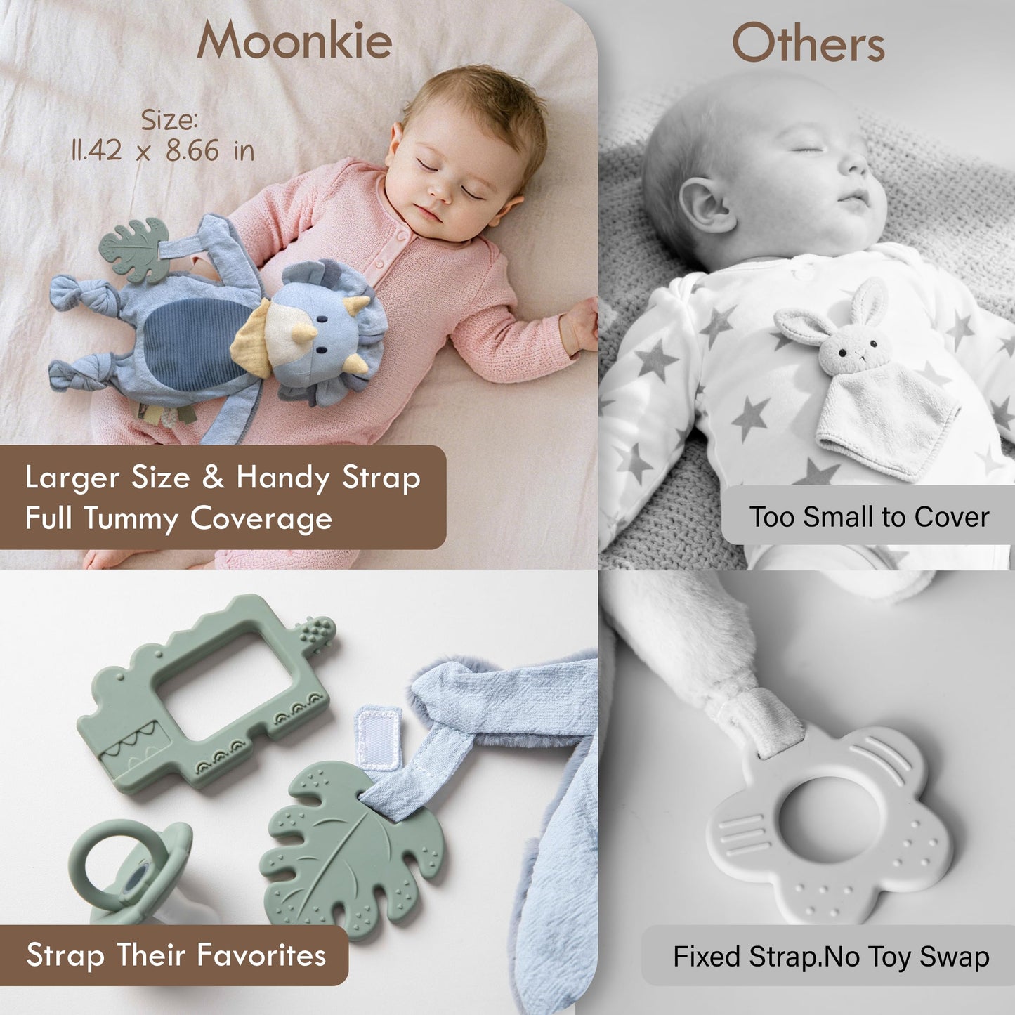 Moonkie Baby Lovey with Silicone Teether, Dinosaur Security Blanket with Textured Ribbons, Crinkle Toys, Soft Minky Velour & Natural Cotton, Newborn Boys Gifts for Baby Shower & Birthday