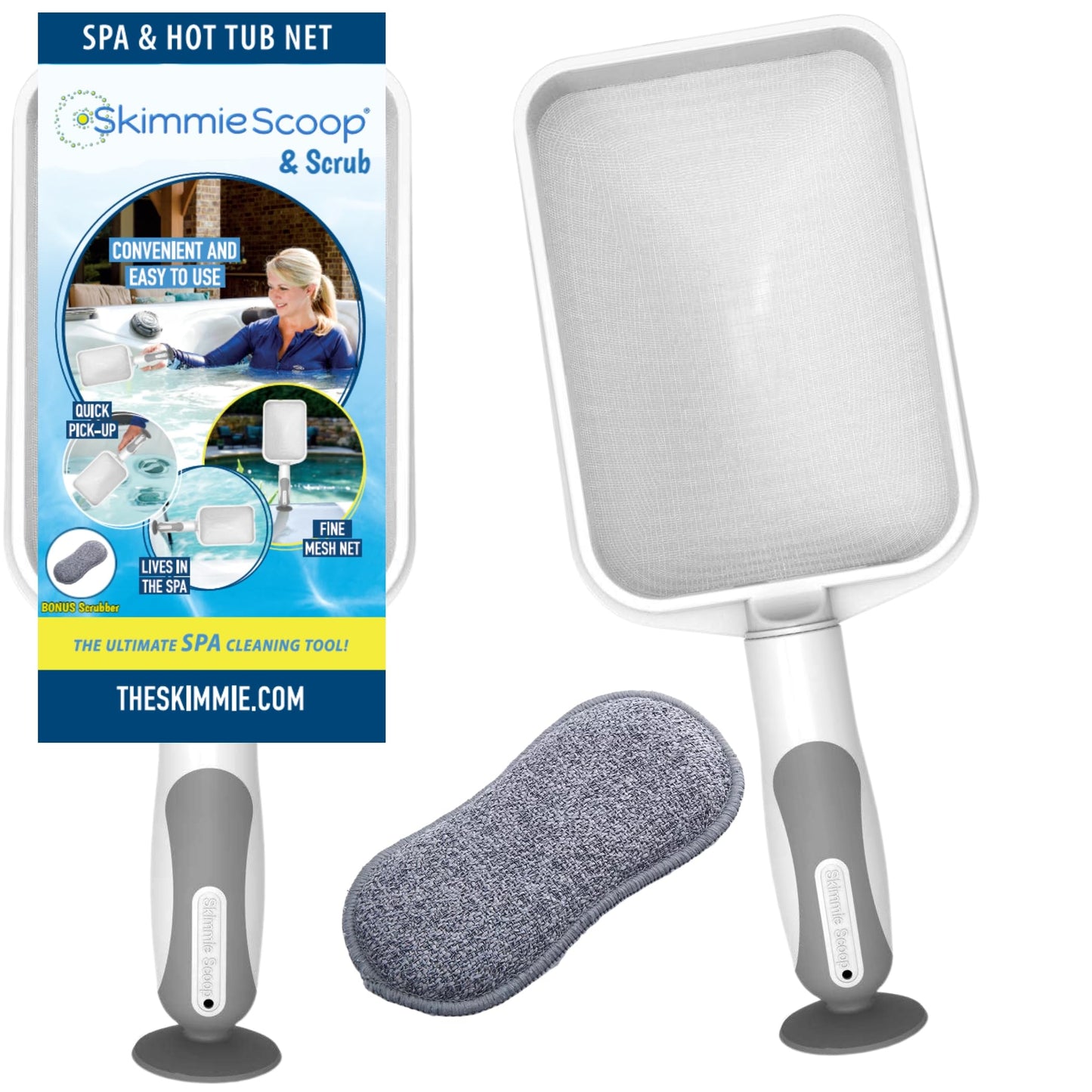 The Skimmie Scoop - Patented Handheld Skimmer with Fine Mesh Net for Spa, Hot Tub, Cold Plunge and Small Pool Cleaning - Lightweight and Durable with Powerful Suction Cup - Clean Out Filter (White)