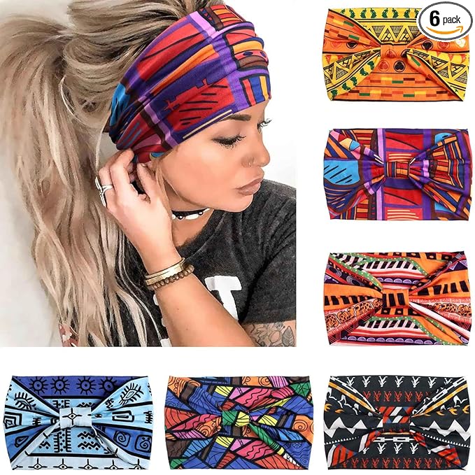 Awumbuk Wide Headbands for Women Knotted No Slip Head Bands Soft Turban Headband Hair Accessories Boho African Solid Color Head Wraps for Women Yoga Workout Pack of 6