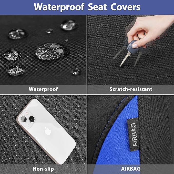 CAR PASS Neoprene Wetsuit Seat Covers, Waterproof Car Seat Covers Front with 5mm Composite EVA, Universal Fit for Car,Sedan SUV Trucks Anti Slip, Airbag Compatible(Black and Blue