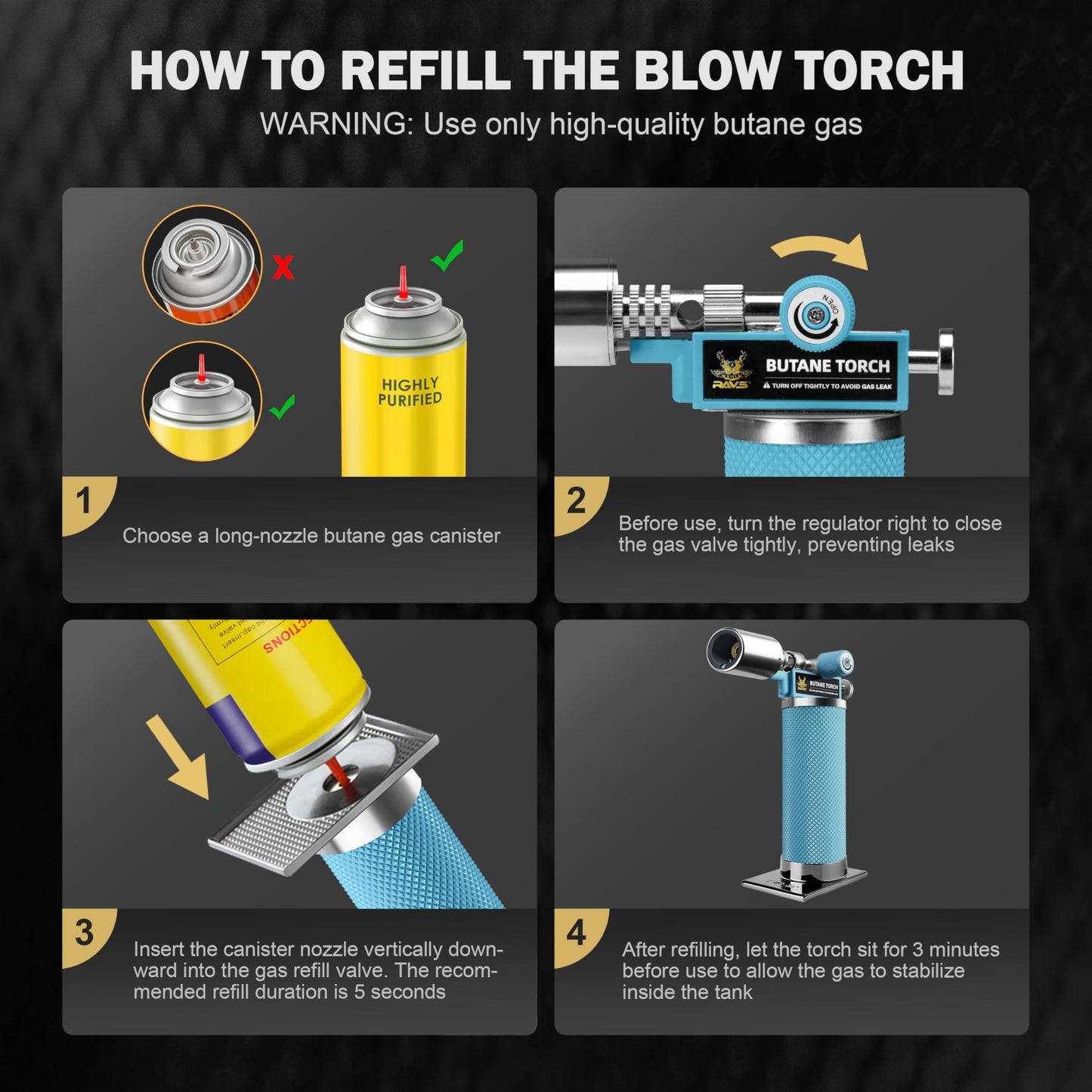 RAVS Butane Torch Lighter, Refillable Kitchen Torch with Safety Lock and Adjustable Flame, Creme Brulee Torch for Baking, BBQ, Blue Blow Torch for Cooking, Mens Gifts, Butane Gas Not Included