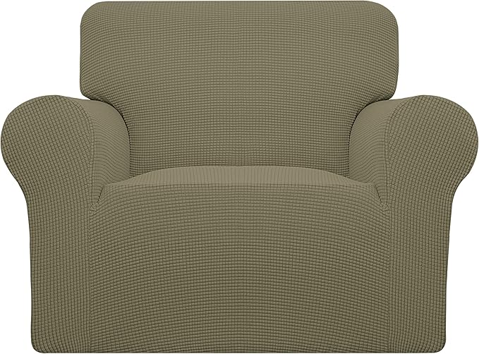 Easy-Going Stretch Chair Sofa Slipcover 1-Piece Couch Sofa Cover Furniture Protector Soft with Elastic Bottom for Kids, Pet. Spandex Jacquard Fabric Small Checks (Chair, Khaki)