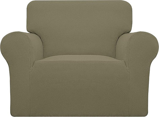 Easy-Going Stretch Chair Sofa Slipcover 1-Piece Couch Sofa Cover Furniture Protector Soft with Elastic Bottom for Kids, Pet. Spandex Jacquard Fabric Small Checks (Chair, Khaki)