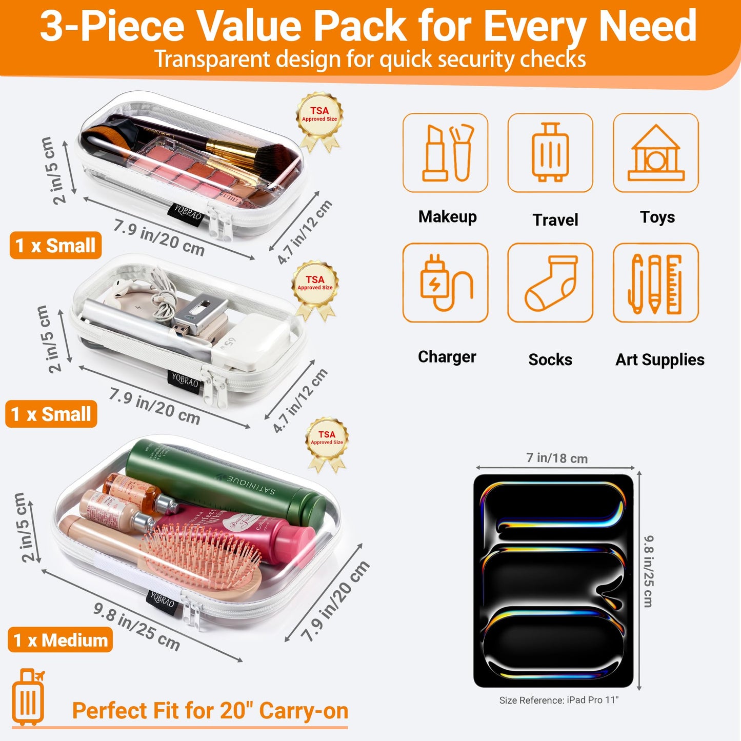 YQBRAO 3-Pack Clear Hard Shell Zipper Case, 1.2mm Heavy-Duty Crush-Proof Travel Makeup Bag, TSA Approved Clear Zipper Pouches, Rigid Toiletry & Diaper Bag Organizer for Toys, Tech & Art Supplies