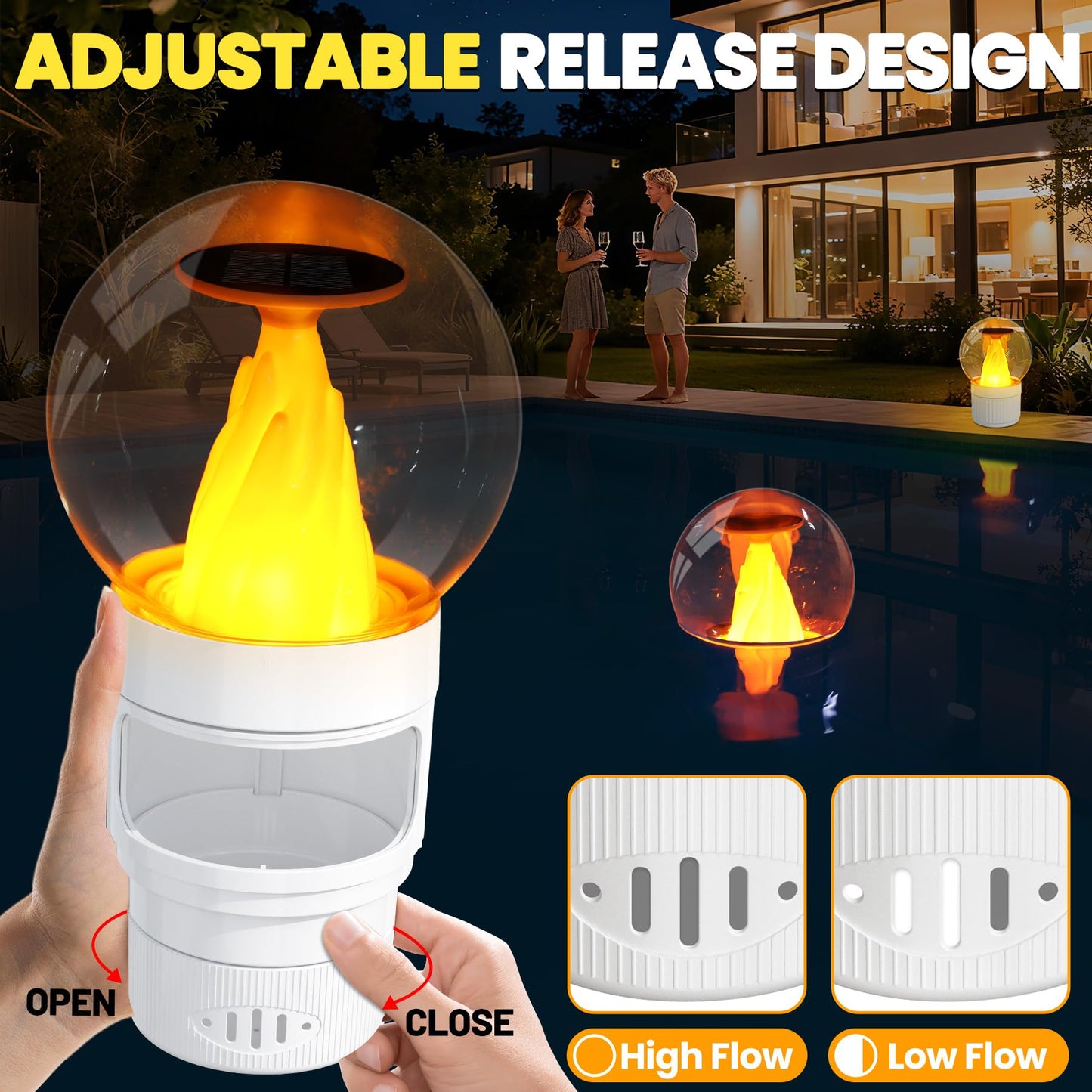 ChlorBlu Solar Chlorine Floater,Chlorine Floater with Solar Flame Light,Adjustable Release Floating Chlorine Dispenser for Pool,Large Capacity Pool Chlorine Floater,Chlorine Floater for Hot Tub(White)