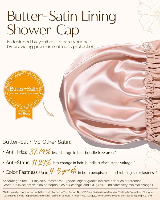 Yanibest Satin Lined Shower Cap for Women Reusable Waterproof, Frizz Free & Large Bath Cap with Soft Elastic Band, Luxury Hair Protection Caps (Peachy Pink)