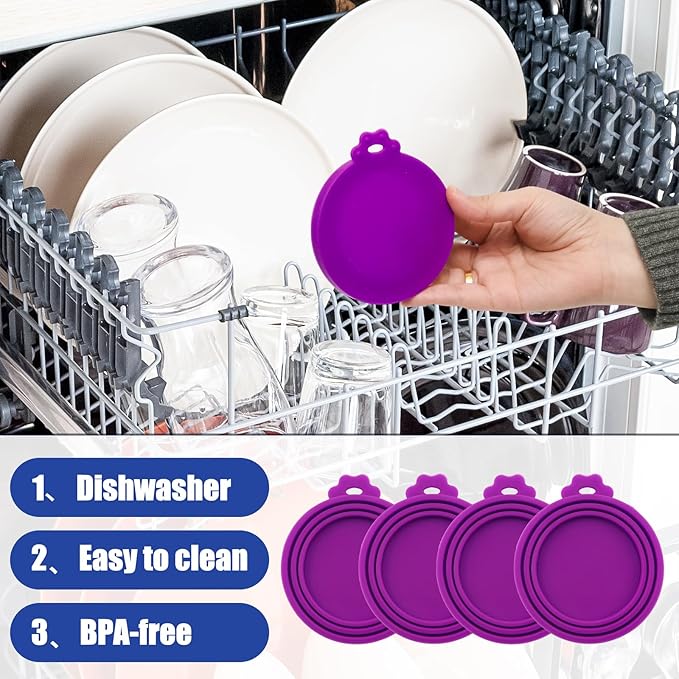 PINE & LINEN 4 Pcs Durable Pet Can Lids,One fit 3 Standard Size Silicone Waterproof Cat Food Cans Lids for 3oz/5.5oz/12.5oz/13.2oz Cat Food Cans（Purple）