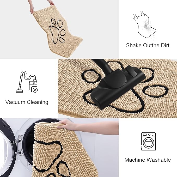 Smiry Dog Door Mat for Muddy Paws, Absorbent Dirt Trapper Non Slip Quick Dry Washable Chenille Mat for Mud Dogs, Entry Rug for Indoor and Outdoor (48x30 Inches, Beige and Black)