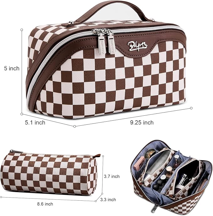 BOYATU Travel Makeup Bag Organizer Cosmetic Bag: 3 Pcs Set Make up Bags for Women with Handle - Waterproof Vegan Leather Toiletry Bag (01-G-Coffee)