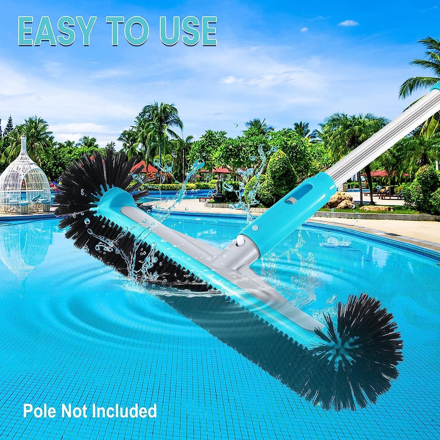 Swimming Pool Brush Head with Round Ends,17.5" Heavy Duty Aluminum Back Head for Cleans Walls, Tiles & Floors, 7 Rows Premium Nylon Bristles with EZ Clips (Blue Black)