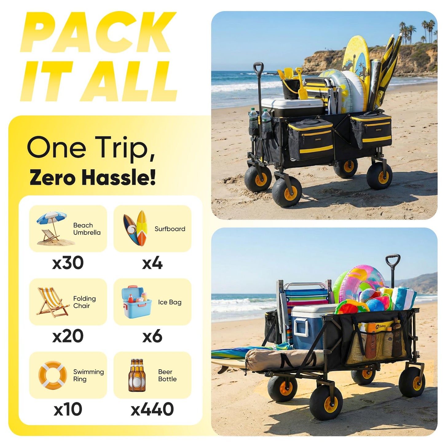 Sekey Heavy Duty Beach Wagon with 9" Big Sand-Proof Wheels, 300L Oversized Foldable Beach Cart with Cooler| Adjustable Handle & Balloon Tires for Sand, Camping,Vacation