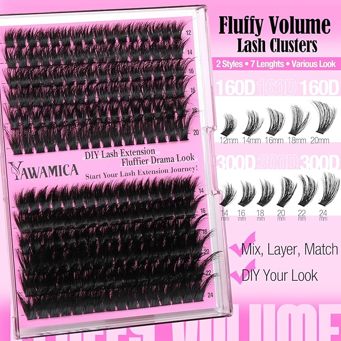 Yawamica Volume Lash Clusters Fluffy Wispy Eyelash Clusters 160D+300D Full Dramatic Cluster Eyelash Extensions 12-24mm Long Thick Individual Lashes DIY Salon Extensions by Self
