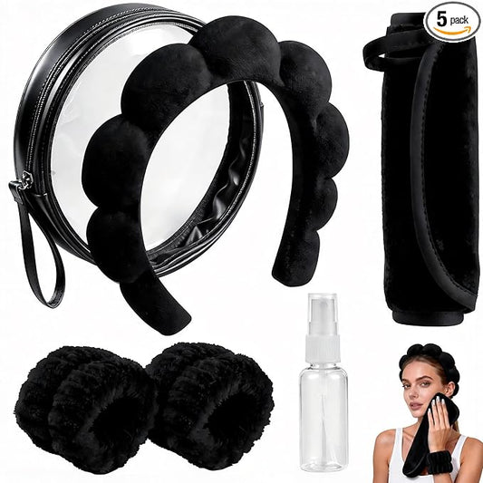 Real Perfection Spa Headband for Washing Face, Skincare Headband Wristband Set for Women, Reusable Machine-Washable Makeup Remover Towel Cloth, 1oz Small Spray Bottle with Travel Makeup Bag - Black