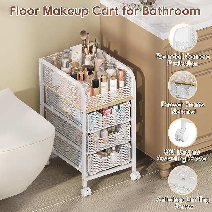 Hongtamoya Rolling Makeup Cart Organizer with 3 Drawers, Narrow Floor Skincare Organizers, Cosmetics Display Cases Vanity Organizer for Skin Care Nail Polish Perfume Makeup Brush, White