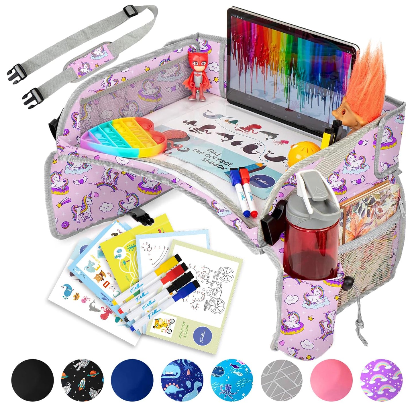 PILLANI Kids Travel Tray for Car - Carseat Tray for Toddler, Road Trip Must Haves with Cup Holder & Drawing Board - Toddler Airplane Travel Essentials for Girls - Car Accessories for Kids