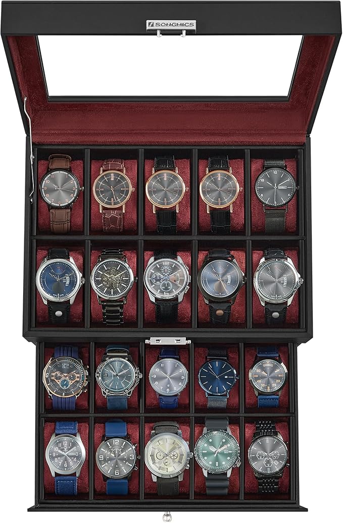 SONGMICS Watch Box, 20-Slot Watch Case Organizer with Large Glass Lid, Removable Pillows, Metal Lock, Gift for Loved Ones, Black Synthetic Leather, Wine Red Lining UJWB020R01