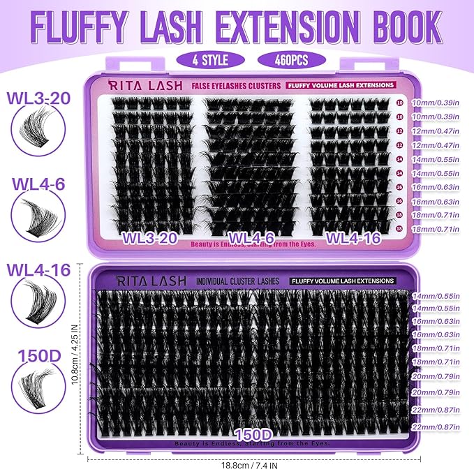 RITALASH Cluster Lashes 460PCS 4 Style Lash Clusters Eyelash Extensions False Eyelashes DIY Wispy Lash Extension Natural Look Individual Lashes(WL Style+150D lash only)