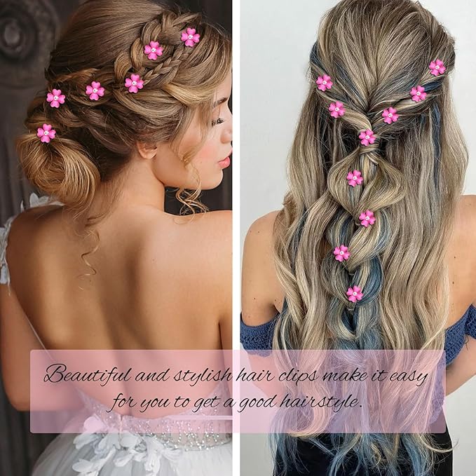 YISSION 20 Pcs Mini Hot Pink Flower Hair Clips with Rhinestone Cute Hair Pins Decorative Hair Clips Wedding Hair Barrettes Bridal Hair Accessories for Girls Women